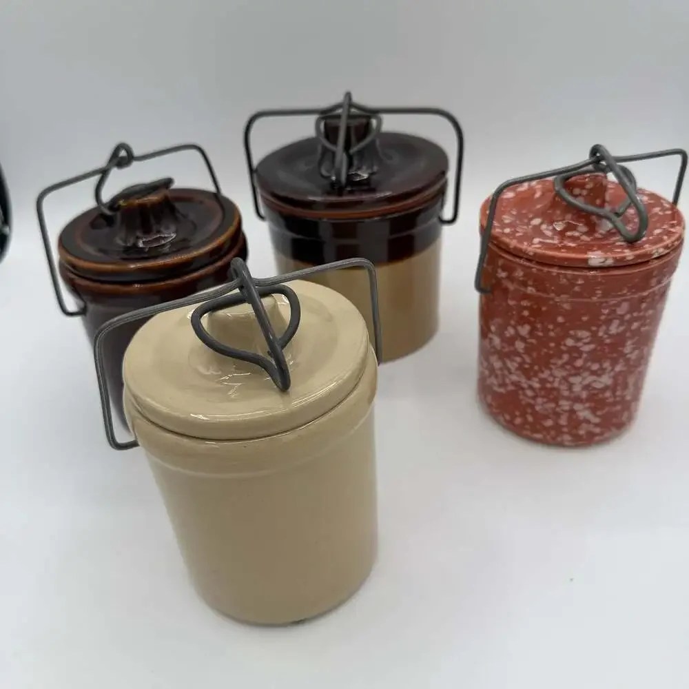 Vtg stoneware pantry cheese crocks dome lids wire-bail clamps Lot Of 4 *no Seal